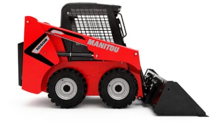 Manitou skidloader met graafbak, compacte constructionmachine voor professioneel gebruik.