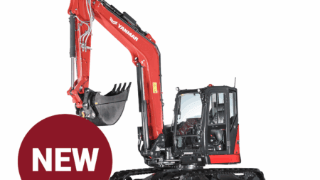 Kleine graafmachine Yanmar met cabine en banden, geschikt voor bouw en grondwerken.