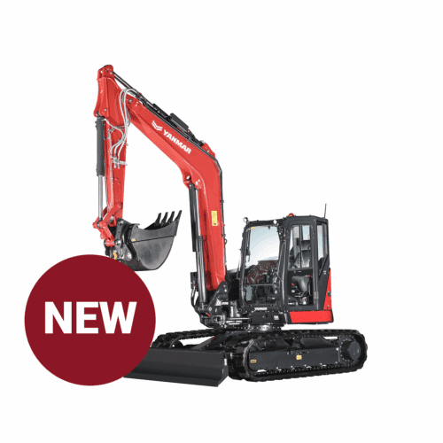 Kleine graafmachine Yanmar met cabine en banden, geschikt voor bouw en grondwerken.