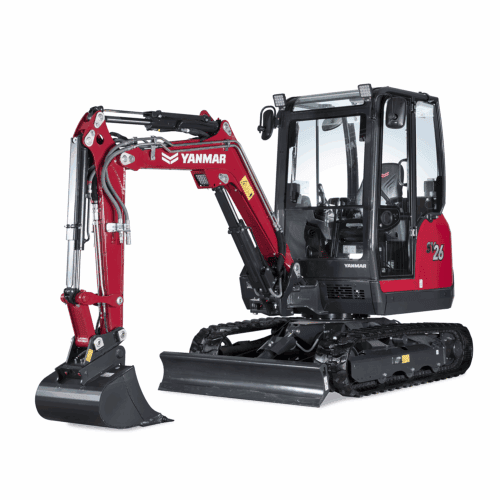 Compacte mini-peljobber Yanmar SV26 voor tuinwerk en bouwprojecten.