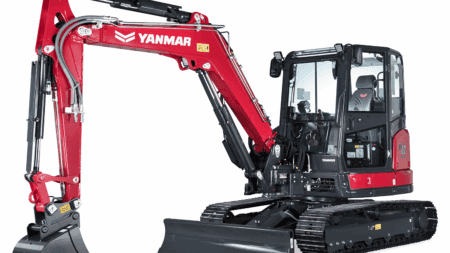 Rode en zwarte Yanmar mini excavator voor bouw en tuinprojecten.