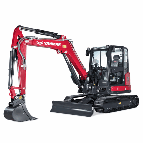 Rode en zwarte Yanmar mini excavator voor bouw en tuinprojecten.
