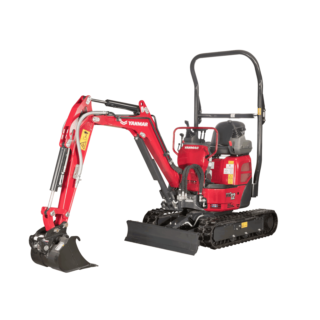 Klein mini graafmachine Yanmar met rubberen rupsen en robuuste arm. Geschikt voor bouw en tuinwerkzaamheden.