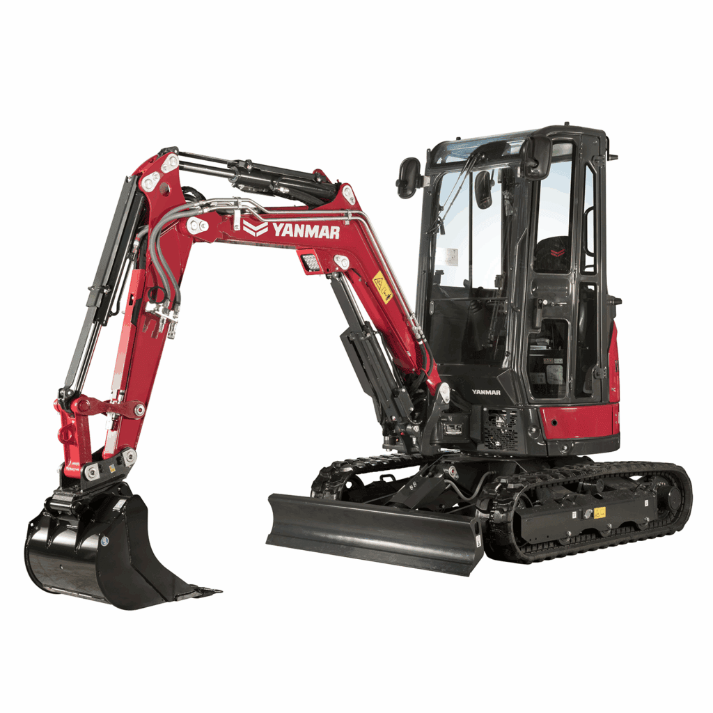 Compacte graafmachine van Yanmar met cabine en rubberen rupsbanden, ideaal voor aanbestedings- en bouwprojecten.